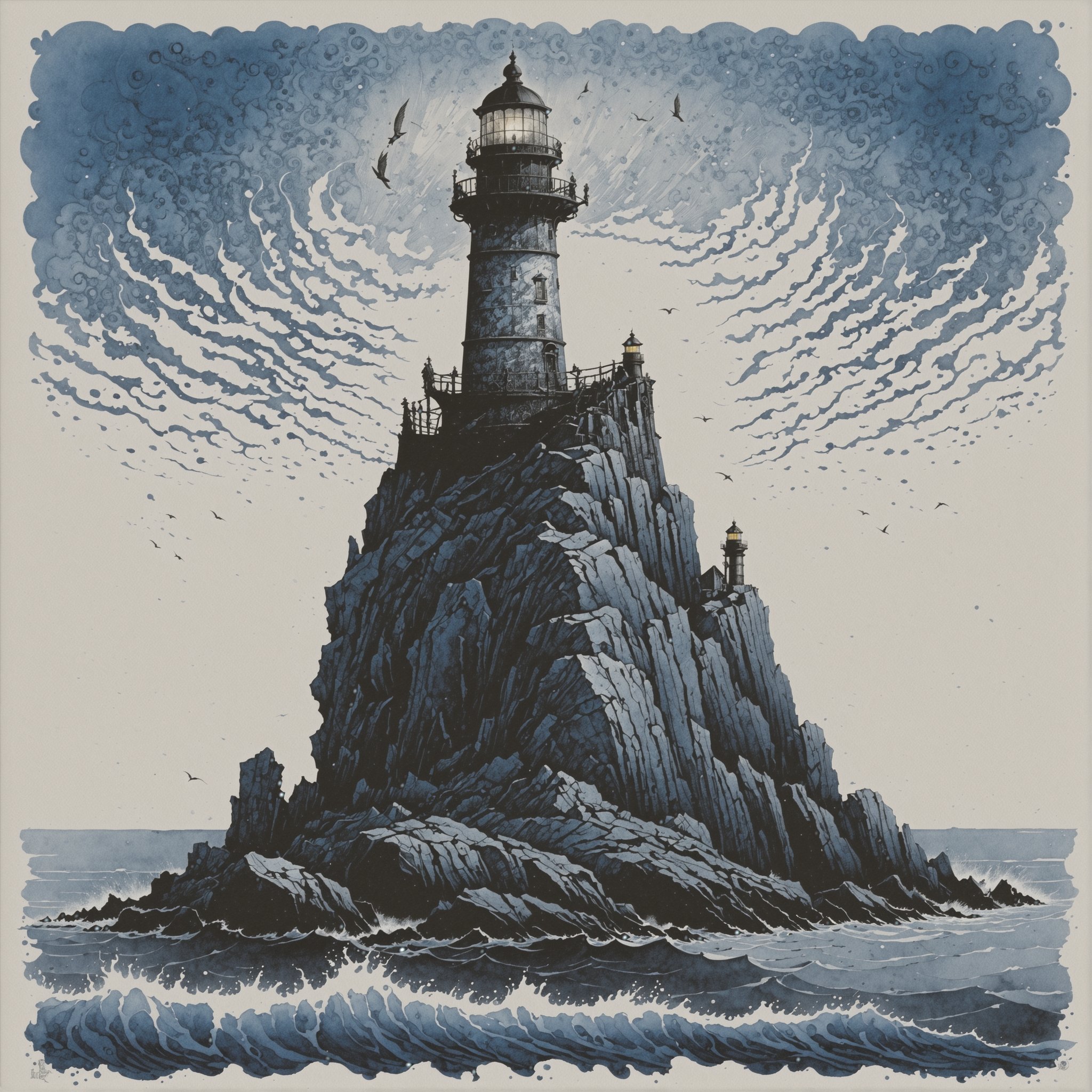 Lighthouse, aesthetic, extremely detailed, Daniel Merriam, by john blanche, M. C. Esher, ink drawing, dirty ink, frostpunk, lighthouse, blue ink ocean, lighthouse on an island, black ink