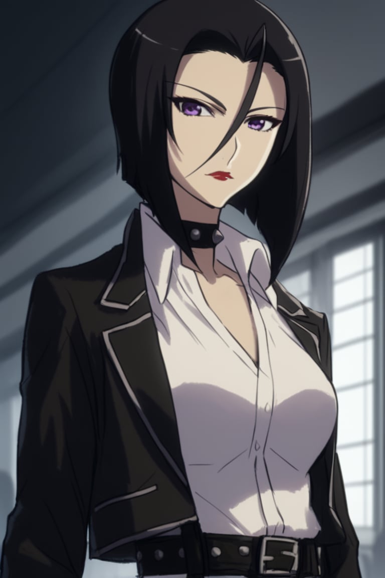 score_9,score_8_up,score_7_up,Yuri Nikaidou (The World God Only Knows) , 1girl, , black hair, black jacket, black nails, card, closed mouth, collared shirt, dress shirt, short hair, black hair,, jacket, , long sleeves, looking at viewer, purple eyes,lipstick, hair between eyes,lipstick, choker, belt,, shirt, solo, twin drills, upper body, white shirt ,scenery,ClrSkt,,yuri nikaidou