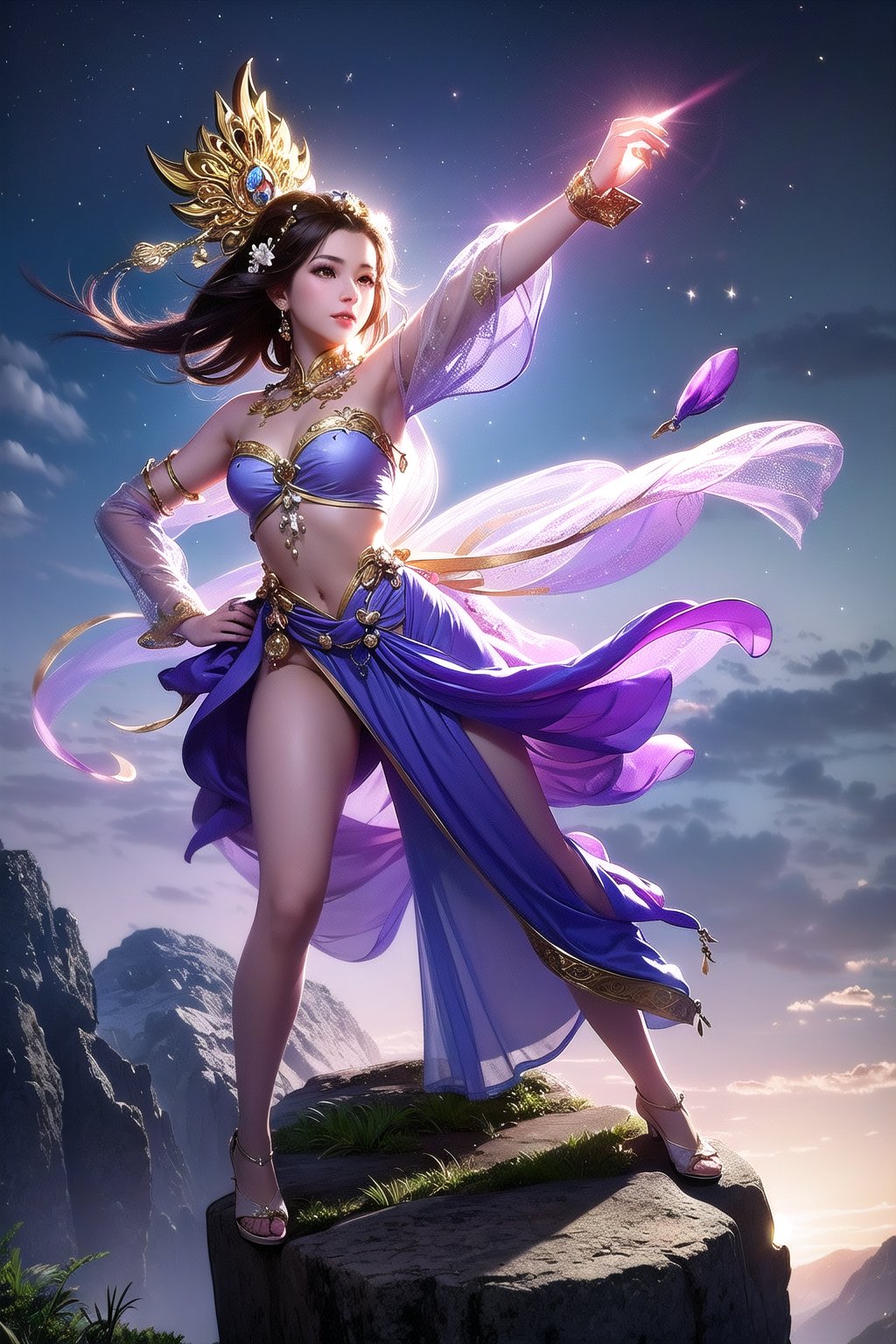 Moonlit landscape,The goddess in costume dressed in Han costume is unique。Her gorgeous costumes sparkle,The skirt swayed in the breeze,It looks elegant and dynamic。There was a playful look in her eyes,It is as if you are at one with this tranquil nature。 The costume goddess wears a pair of fashionable high heels under her feet,It seems to be incompatible with her elegant temperament,But it invisibly adds a touch of mystery and sexiness。。Her feet were on the bluestone slab,It's like dancing on the ground,Grace at every step。 In the moonlight,The landscape is even more hazy and wonderful。Her figure danced in the moonlight,Fairy beauty。Her demeanor is playful and cute,It makes people want to get closer,Discover her inner secrets。 At this moment,Everything around seemed to be gone,Only this goddess in ancient costume and this beautiful landscape painting remain。She smiled,sport,All full of poetry,It's intoxicating,Can't extricate yourself。