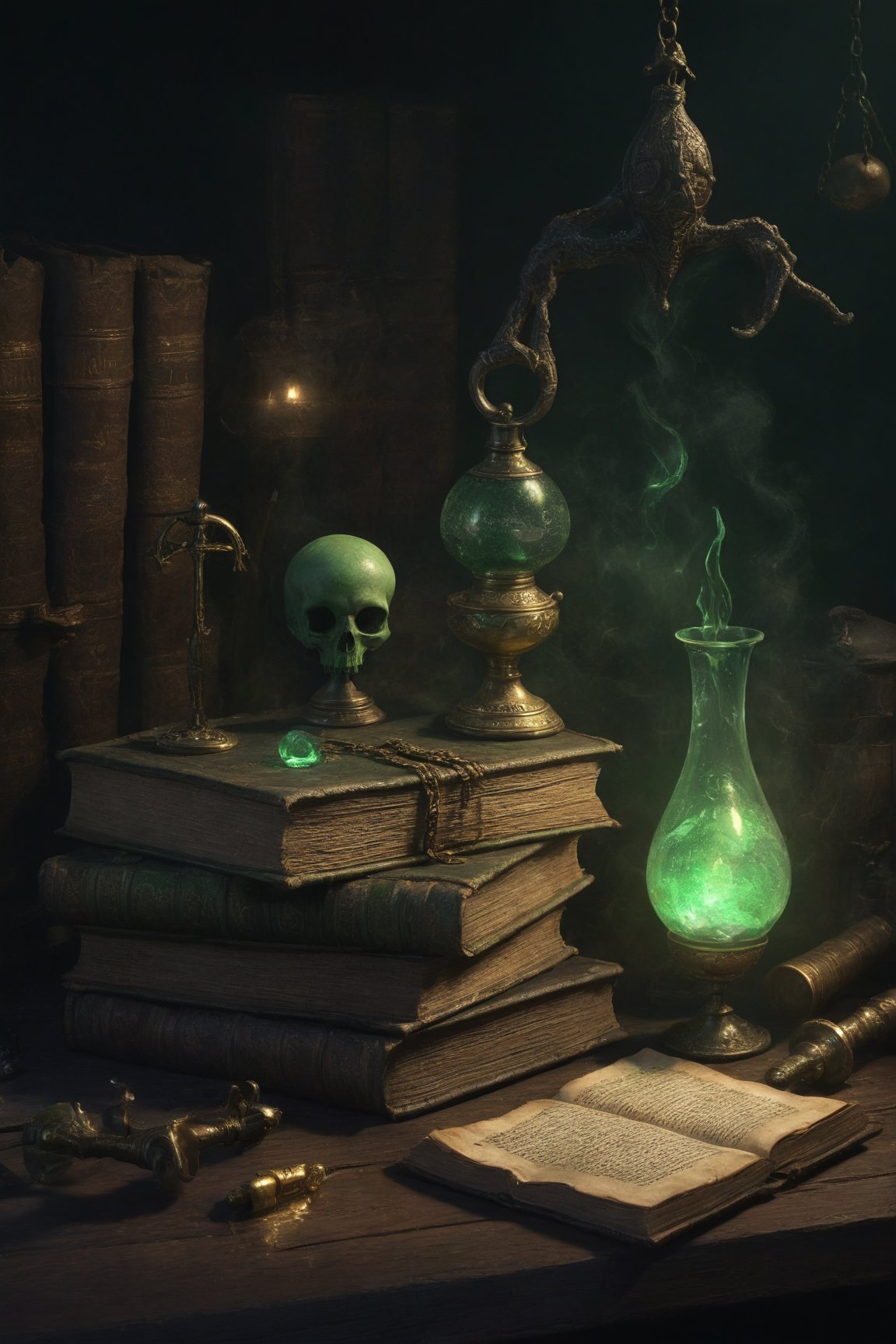 Eldritch laboratory, ancient books, arcane symbols, bubbling potions, dark wood and brass instruments, eerie green light, detailed textures, high detail, high resolution, (dark fantasy, eerie:1.3), (haunting, atmospheric:1.2), (nightmarish:1.4), masterpiece quality , 