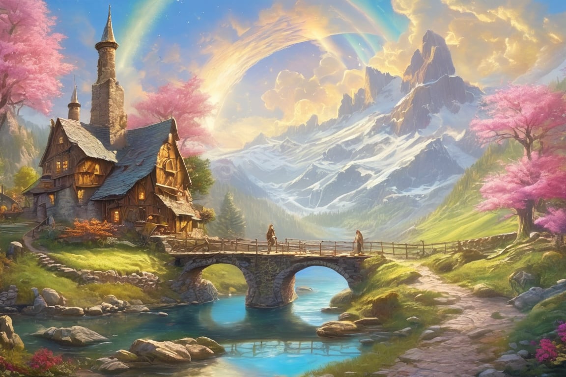 (RAW photo, 8k uhd, Analog style, Masterpiece, Best Quality, Highres:1.4), (dramatic, cinematic:1.2), BREAK, movie shot of colorful hyperdetailed fantastic fantasy mysterious magic landscape, above clouds, (medieval elven fantasy (village:1.35), (steampunk:1.05) (peasant:1.15) (robots:1.1) (crowd:1.35), playing (little steampunk (girl:1.25):1.1), (farm:1.31), (lake, (river:1.14):1.15), (bridges:1.4), (waterfalls:1.35), (boat:1.4), (dock:1.1), (cliff:1.35), road, (green:1.05) valley, (flowers:1.2), (maple trees:0.65), (green:1.05) (fields:1.3), (fences:1.3), (snowy:1.17) (pines:1.1), (pink:1.0) (flowering tree:1.12):1.22), BREAK, ((mountains:1.22), (futuristic:1.15) (overgrown:1.27) (skyscrapers:1.53) (ruins:1.35), (market, water wheel, castle:1.14), (colorful houses:1.2), birds, stairs, spaceport, ((bright morning sun daylight:1.05) rainbow pure (blue:1.05) sky, glowing:1.05), starry, crescent, meteor, ((fluffy cloud:1.2), godrays, light particles:1.05), various seasons, steam, smokes:1.2), BREAK, (photorealistic:1.2), (intricate:1.3), (light theme:1.3), (inspiring joyful atmosphere:1.2), (fabulous, fantasy, mysterious, science fiction, post-apocalypse, incredible, amazing, happy, sunny, pastoral, esoteric, antique:1.2), (hyperdetailed, absurdres:1.2), (colorful, saturated:1.4), colorful lighting, BREAK, ,