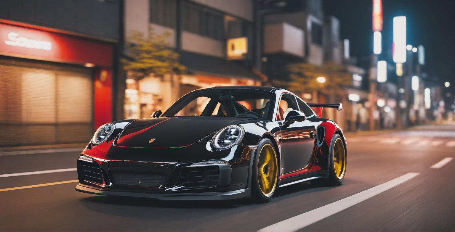 solo, night, no humans, ground vehicle, motor vehicle, car, motion blur, vehicle focus, jdm car, jdm, the car: red and black, model of the car porshe 911 modified for street racing in japan, cinematic lighting, cinematic view