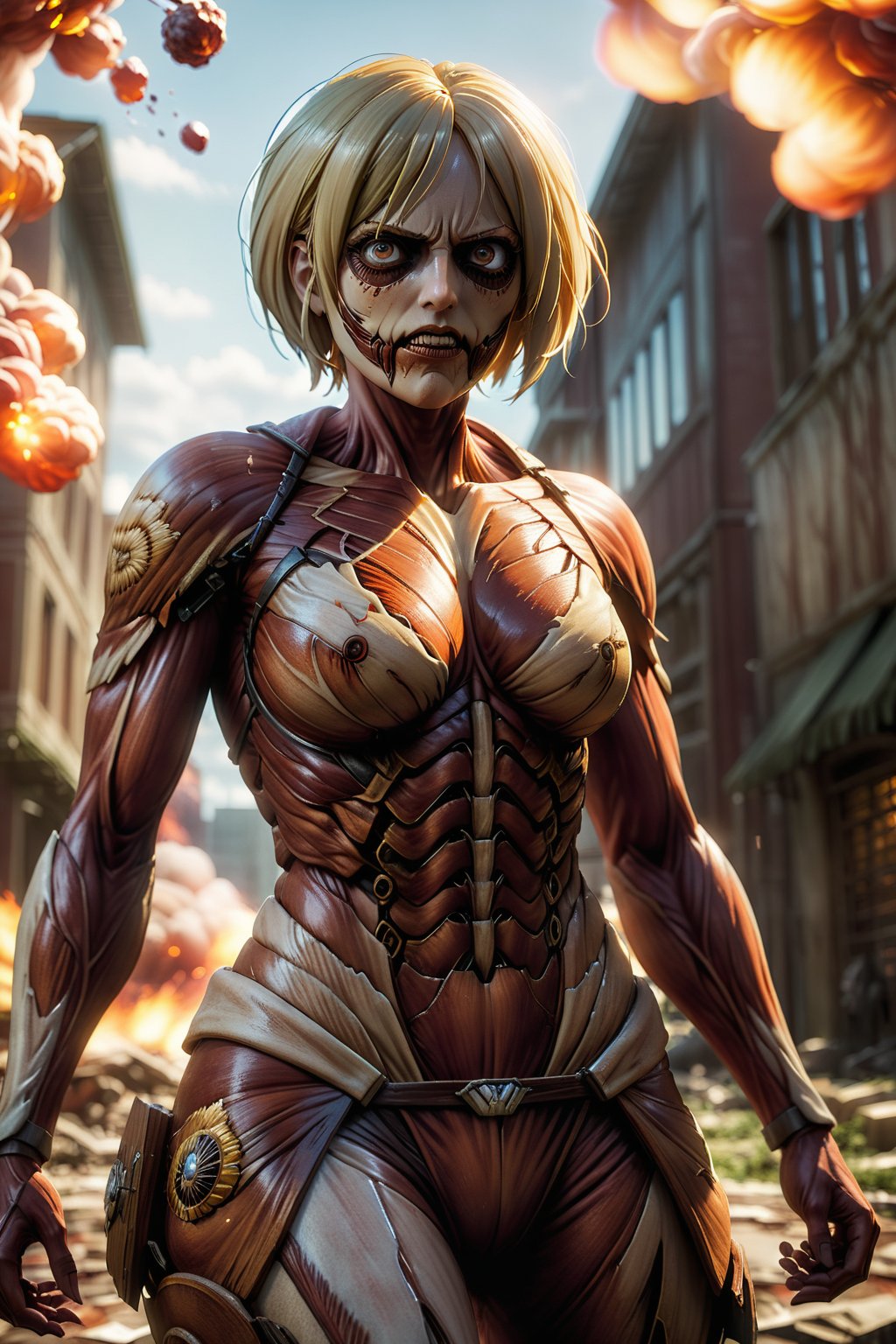 Attack on Titan Annie, Post-apocalytic, Female Titan, Bokeh, nffsw, Side lighting, A hyper-realistic, Ray tracing, Whole body, Fall, super mad, Mad Female Giant, apocalypse, Realistic Titans, look from down,