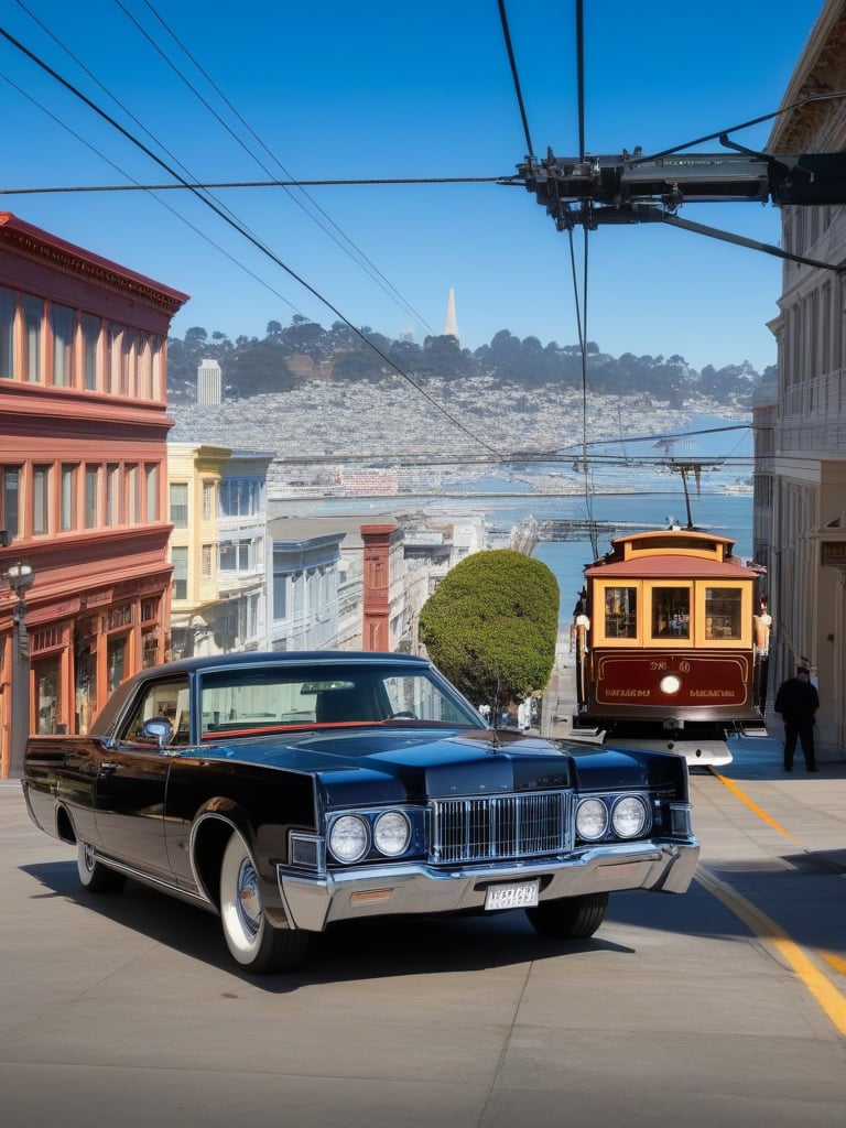 Ford Lincoln,In the foreground, a gleaming, exhibition-quality Ford Lincoln catches the light, its chrome sparkling. Behind it, the iconic San Francisco streets rise steeply, with the unmistakable silhouette of a brightly colored cable car clinging to the tracks high above.