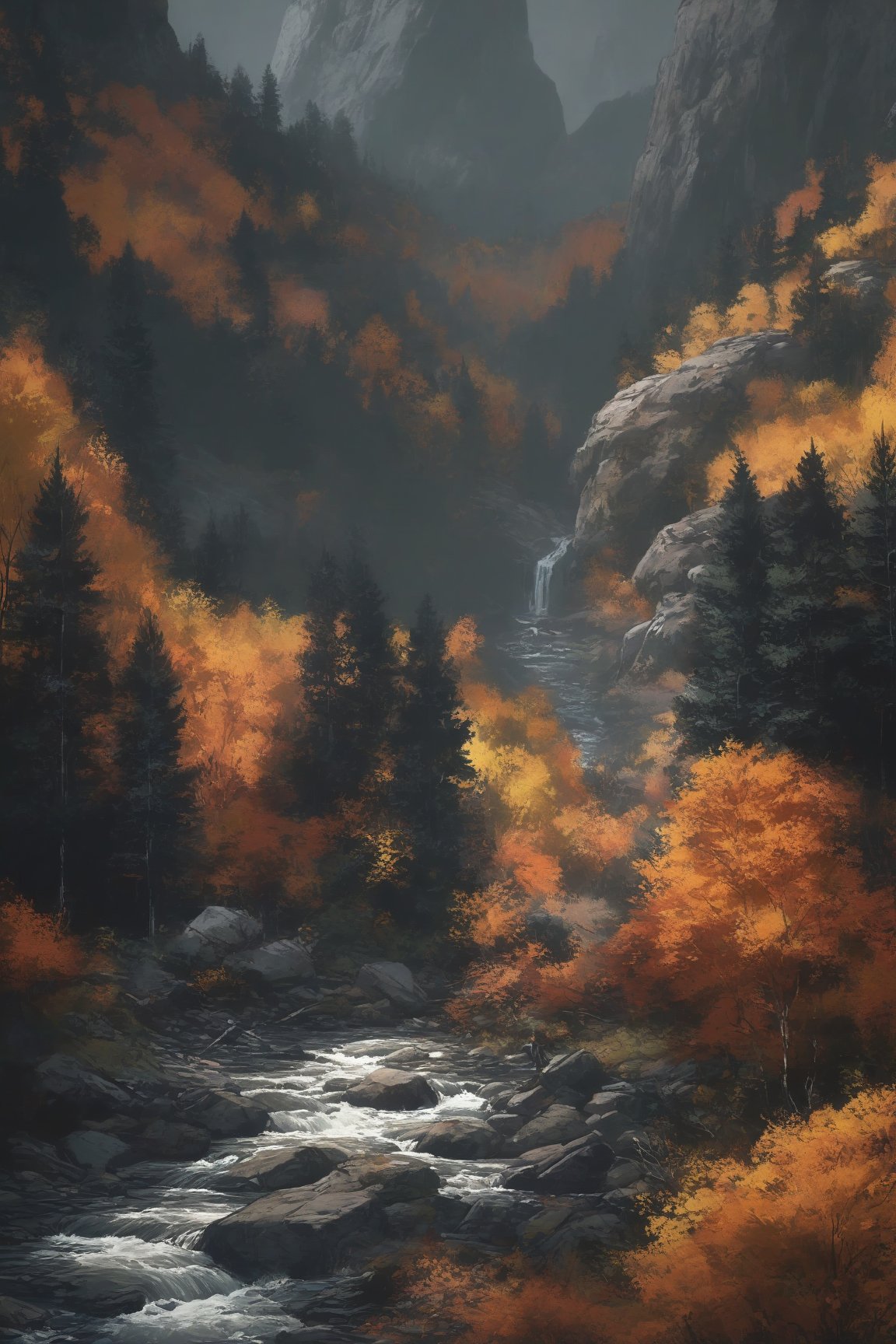 desolate, autumnal mountain range, fiery oranges and deep umbers dominate the landscape, wild foliage clashes with jagged rock formations, a torrential river carves through the wilderness, eerie stillness permeates the atmosphere, every element meticulously rendered in high detail, style of Ash Thorp and Ian McQue.