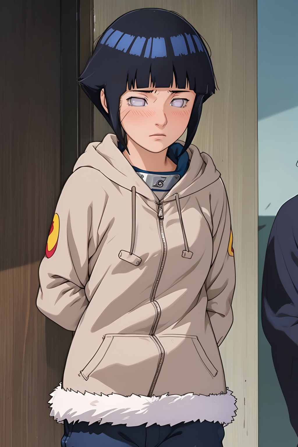 hinata, 4k, absurd, high resolution, very high resolution, high definition, masterpiece, anime_source, short hair, black hair, no pupils, blunt bangs, shiny hair, white eyes, hoodie, hood down, long sleeves, pants capri,hands behind back, blush, disgusted, upper body, arms in V, embarrassed, blushing