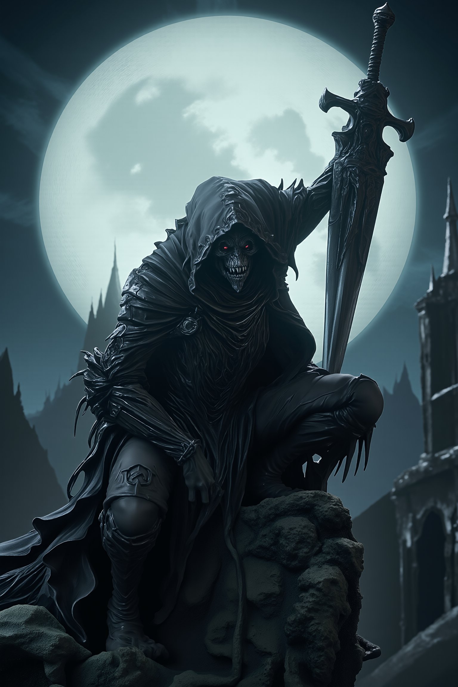 pvc figure,
Raven sitting on grave with a closeup of bright extra large full moon behind, ominous hooded figure looming with blade, gothic castle, screams in night, in the mixed styles of joseph clement coll and sergio toppi, haos, smoke