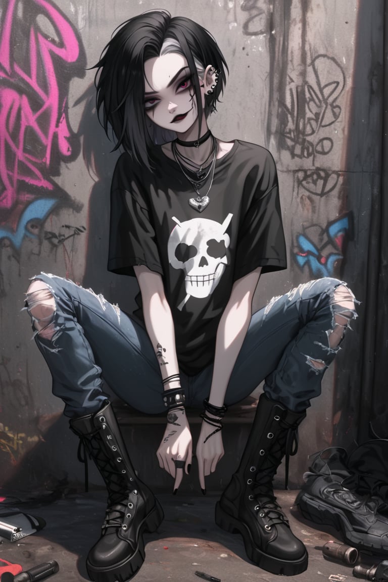 1 tomboy,Androgynous, boyish woman with emo-grunge fashion, Short, tousled dark hair with colorful streaks. Striking features, minimal makeup with dark eyeliner, Pale skin,ear piercings,
Outfit:Oversized distressed band t-shirt,Ripped black skinny jeans,Heavy combat boots,Layered silver necklaces and bracelets, slight smirk. Urban background, graffiti wall,
Style: High contrast photography, moody lighting. Gritty texture, desaturated colors except for hair highlights. Focus on subject's face and outfit details,goth girl