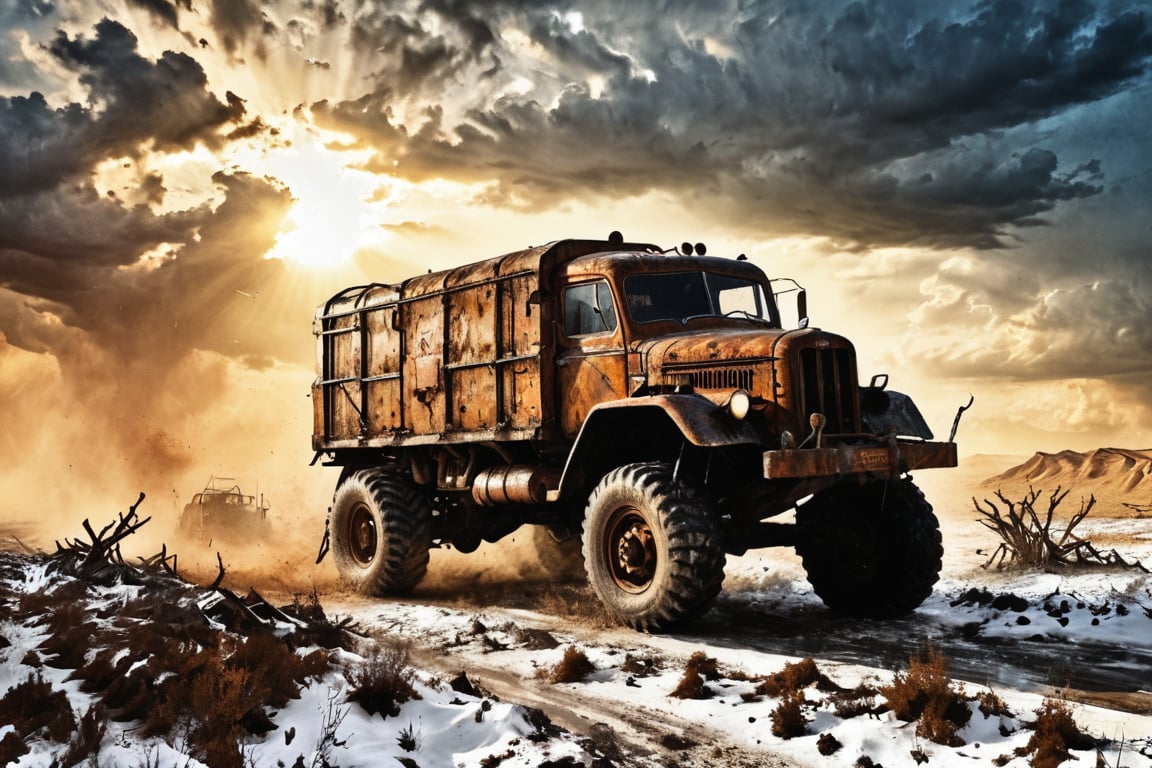 stalker, Old Rusty Postapocaliptic soviet truck, ais-xsection, anomalous energy fields, mad max movie style, metro exodus, Postapocaliptic Environment, Heavy Action, Eplosions, , hdr, epic clouds, 