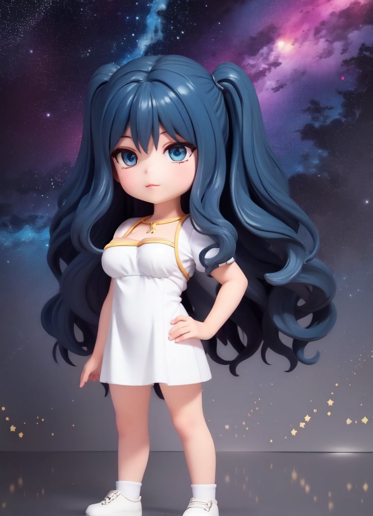 ((1 woman)), Nozaki Yuu, petite girl, full body, big breast, chibi, 3D figure girl, blue hair, wavy hair, very long hair, beautiful girl with great detail, beautiful and delicate eyes, detailed face, beautiful eyes,  hands on hips, detail, dynamic beautiful pose, dynamic pose, (starry background: 1.4), ((realistic)) quality: 1.2), dynamic distance shot, natural light, perfect composition, super detail, official art, masterpiece, (best) quality: 1.3), reflection, high resolution CG Unity 8K wallpaper, detailed background, masterpiece, (photorealistic): 1.2), random angle, side angle, chibi, full body, mikdef,,wavy hair,nozaki yuu