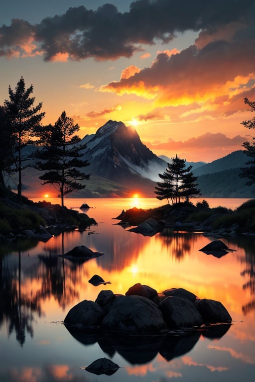 pic of a magnificent sunset over a mountainous landscape, where the high peaks are bathed in a golden light and the sky is painted with soft shades of orange and pink. The clouds extend in dramatic shapes, criando uma cena deslumbrante e serena. No primeiro plano, There is a tranquil lake reflecting the beauty of the sky, while silhouetted trees add a touch of mystery to the landscape. The balanced composition and vastness of nature captured in a convey a sense of calm and wonder at the grandeur of the natural setting. 