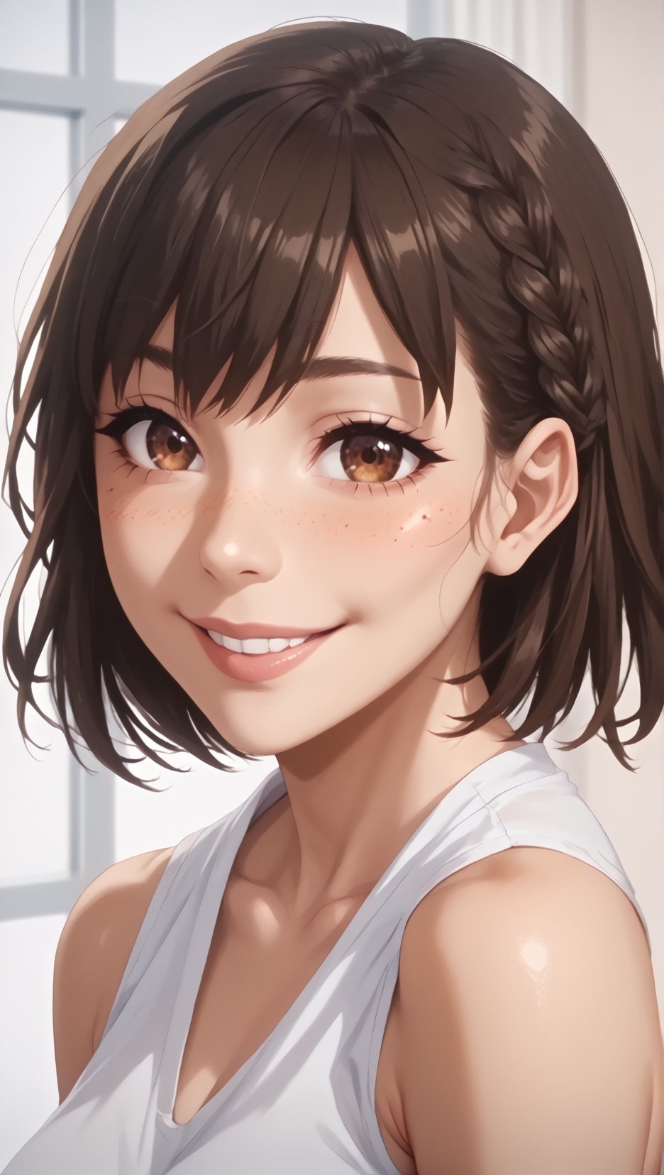 Serizawa Yukiha  (Toshoshitsu no Kanojo),score_9, score_8_up, score_7_up, rating_questionable, girl, extremely attractive, adorable, cute, , sexy tanned skin, brown hair, short hair, braid,, hazel eyes, light directed at face, light illuminating face, 8k, high cheekbones, small nose, realistic, in love, lewd eyes, soft smile