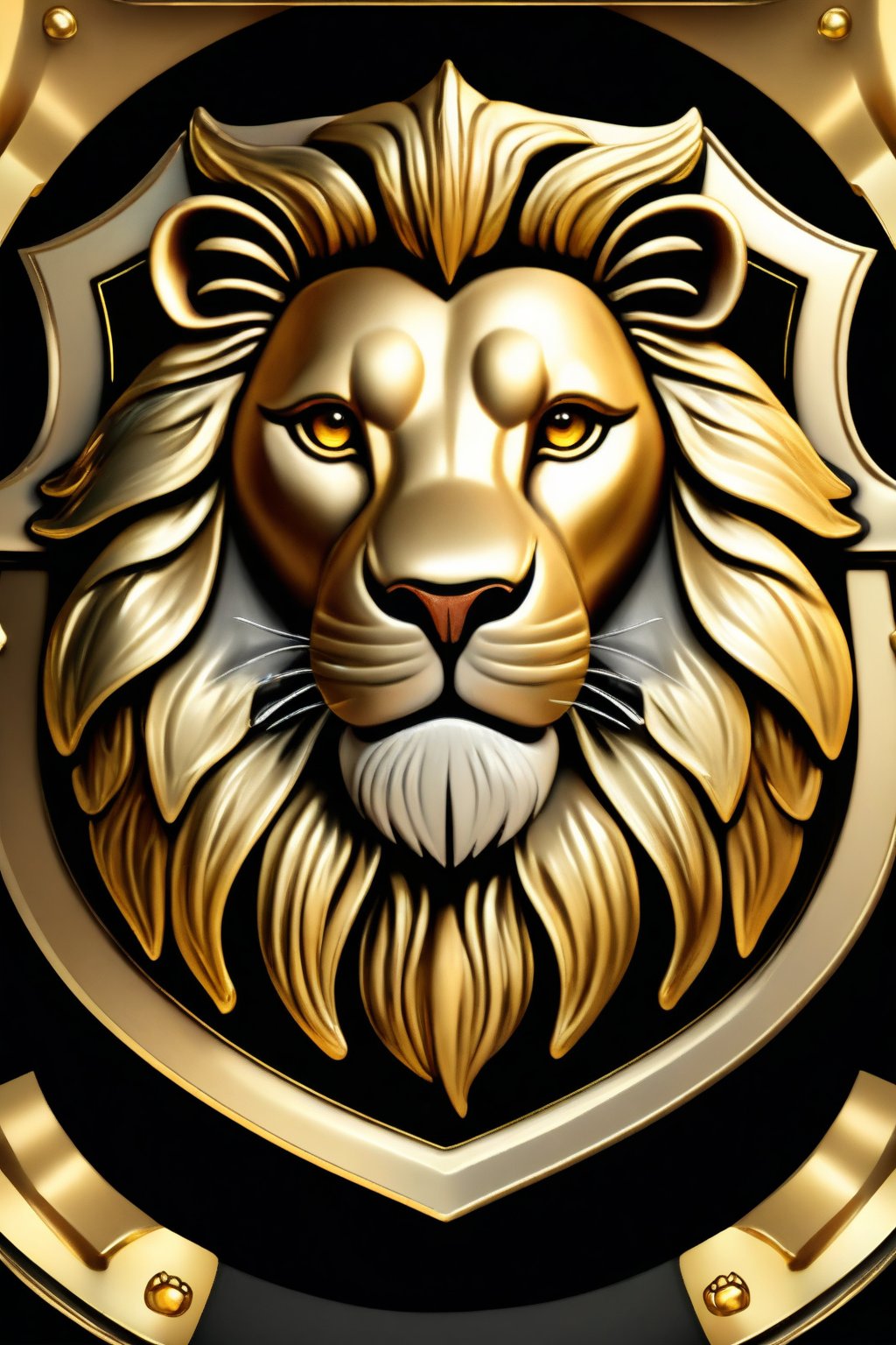 Masterpiece, realistic. High quality. Detailed. Badge. Lion
, golden frame,   black background, detailed paws