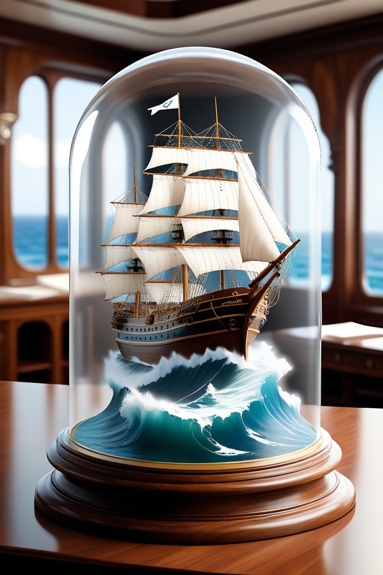 watercraft, no humans, ship, waves, water, ocean, clock, indoors, boat, scenery, blurry, anchor, rating_general. A large, three-masted sailing ship with a wooden hull and white sails is depicted in a glass dome, sailing on a turbulent sea. The ship is surrounded by a large wave, and the dome is placed on a wooden base adorned with intricate designs. The scene is set against a backdrop of a dark room with a large window, allowing natural light to illuminate the ship and its surroundings.