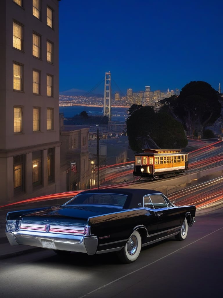 Ford Lincoln,In the foreground, a gleaming, exhibition-quality Ford Lincoln catches the light, its chrome sparkling. Behind it, the iconic San Francisco streets rise steeply, with the unmistakable silhouette of a brightly colored cable car clinging to the tracks high above.