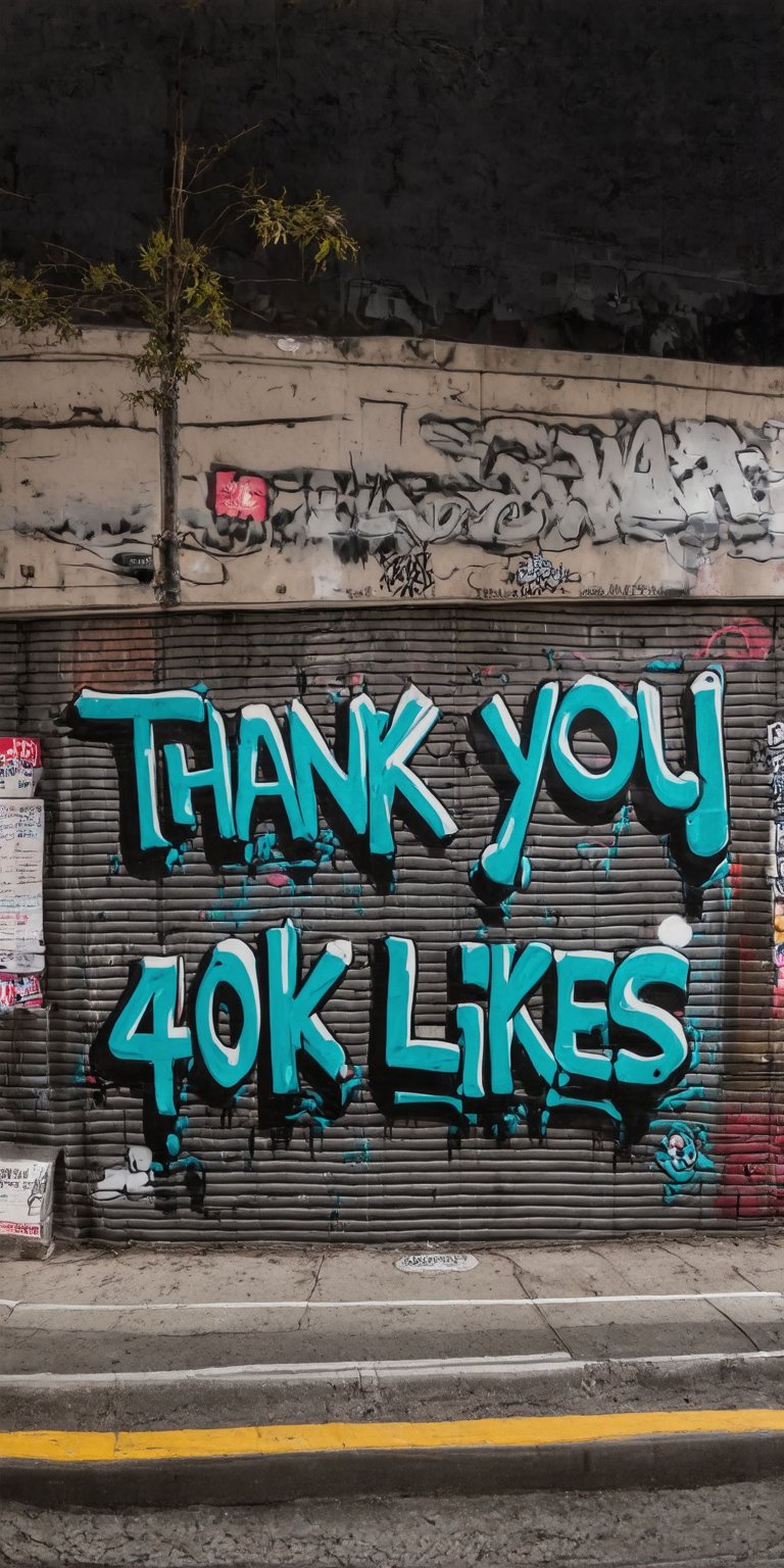 “Night photo of a wall in the city. On the wall  we see detailed graffiti, the graffiti text reads "Thank you 40K LIKES".”,text say's