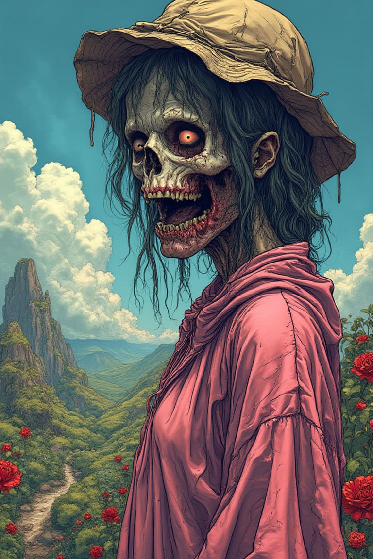 Very detailed and defined full-body watercolor comic illustration of a zombie girl, elaborate mannequin, fine art, landscape, dreamscape, surreal, apocalyptic 1960s kitsch and psychedelia, (ethereal:1.1), dreamy, mysterious, fantasy,, detailed, sharp, HD, HDR, masterpiece, best quality, best resolution, splashscreen, cinematic lighting, depth of field, epic, dramatic