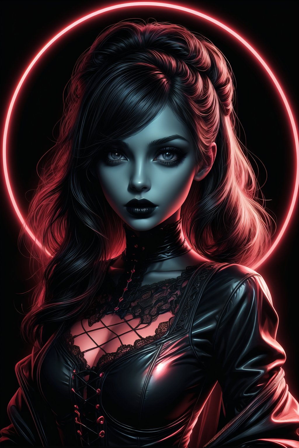 gothic woman, red lineart, NeonST2, black background