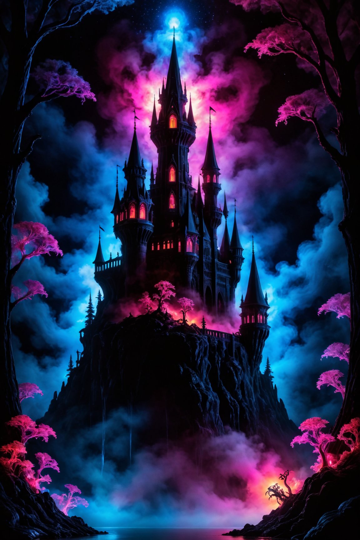 masterpiece of high-contrast shadow and light, a gothic castle sitting on edge of a forbidden mystical forest, moonlight, (fog and moonbeams:1.2), (pure black:1.3), and (darkness:1.3), mysticism, fantasy, gothic horror, glowing flora, magical phenomena, ultra realistic painting, intricate, High Detail, Sharp focus, realism, darkness.
