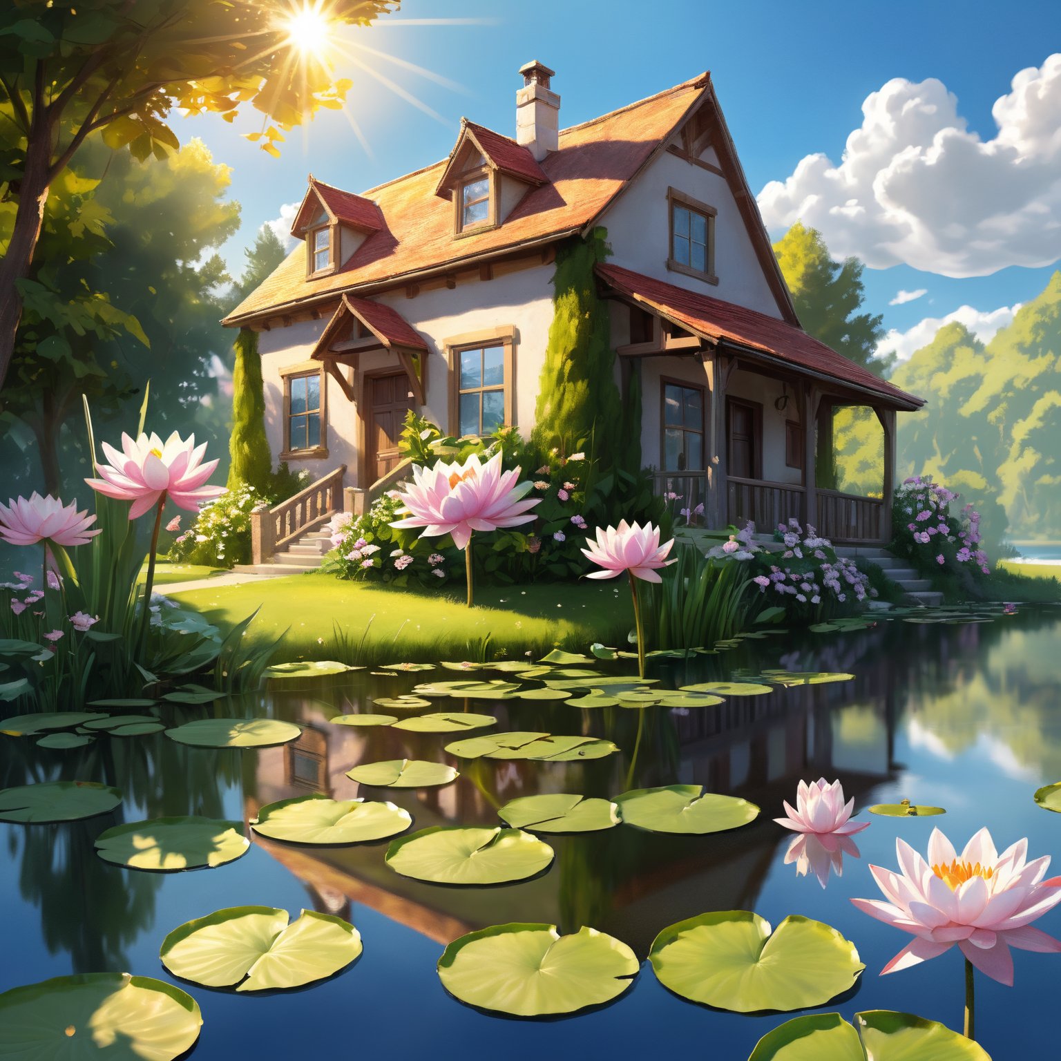 (extremely detailed CG unity 8k wallpaper),(((masterpiece))), (((best quality))), ((ultra-detailed)), (best illustration),(best shadow), ((an extremely delicate and beautiful)),dynamic angle, close-up of a small house by the lake, beautiful sunny summer day, water lilies in the lake blooming, lush plants, sunlight shining through the white clouds, bold colors, fairy tale, fantasy,wind,classic, (detailed light),feather, nature, (sunlight),beautiful and delicate water,(painting),(sketch),(bloom),(shine), high resolution, high contrast ratio, high detail, high texture, texture surreal high quality figure, ultra high quality, golden ratio