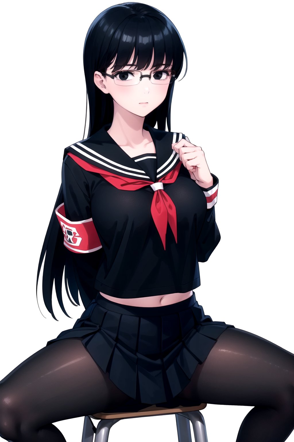 Naked, bare chested
//Quality,
masterpiece, best quality
,//Character,
1girl, solo
,//Fashion, 
,//Background,
white_background
,//Others,
,spread legs, 
naked, bare chested, kyouko kuroyuri, long hair, black hair, (black eyes:1.5), glasses, skirt, school uniform, pantyhose, pleated skirt, serafuku, armband, (black shirt:1.2)