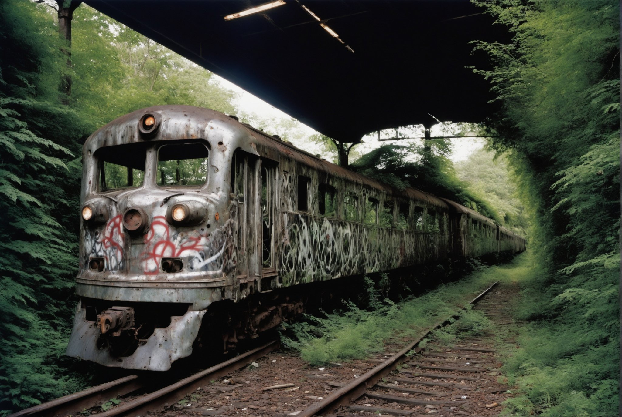 on a post-apocalyptic ghostly train yard, overgrown tracks, rusting graffiti-covered trains, ., by David LaChapelle,  SZ_4po enviroment