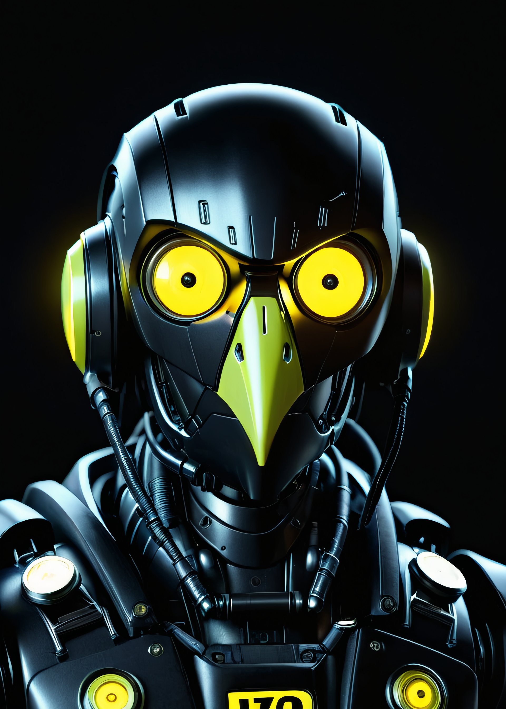 black Raven robot, at night, frontal view, yellow glow in the dark color scheme,documentary style realism, responsibility, high saturation, dark atmosphere,scary atmosphere, Junji lTO, Chinese Punk,  