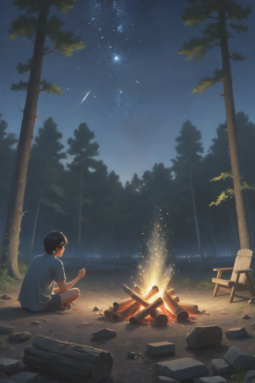 landscape, Summer, Night, forest, Campfire in one place, unmanned, No Man, Starry sky, high definition detail, Ultra detail, film, ultra-realistic realism, Soft light, Deep focus bokeh, Ray tracing, ultra-realistic realism. , Art Station pixiv Gwise, Makoto Shinkai, Art germ