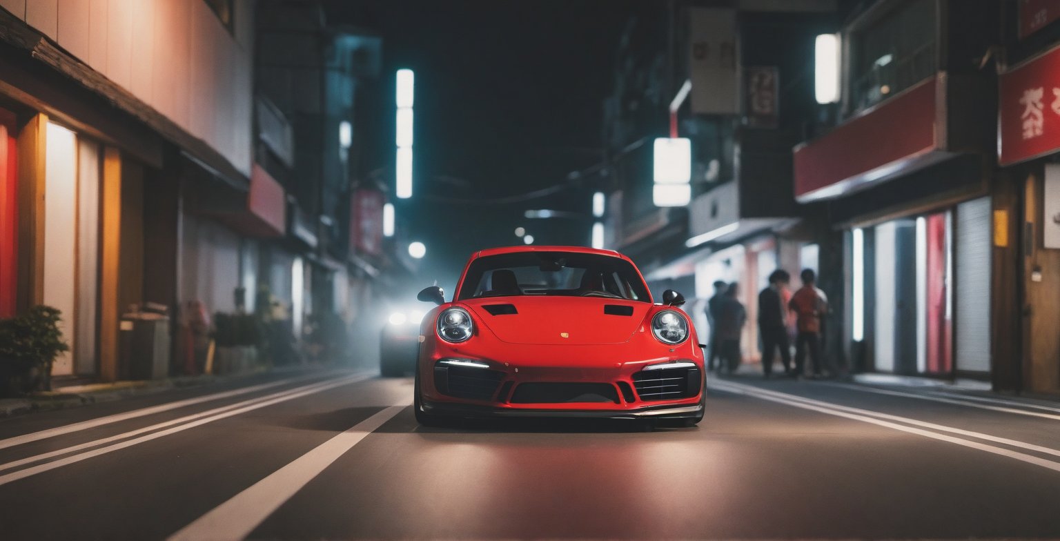 solo, night, no humans, ground vehicle, motor vehicle, car, motion blur, vehicle focus, jdm car, jdm, the car: red and black, model of the car porshe 911 modified for street racing in japan, cinematic lighting, cinematic view