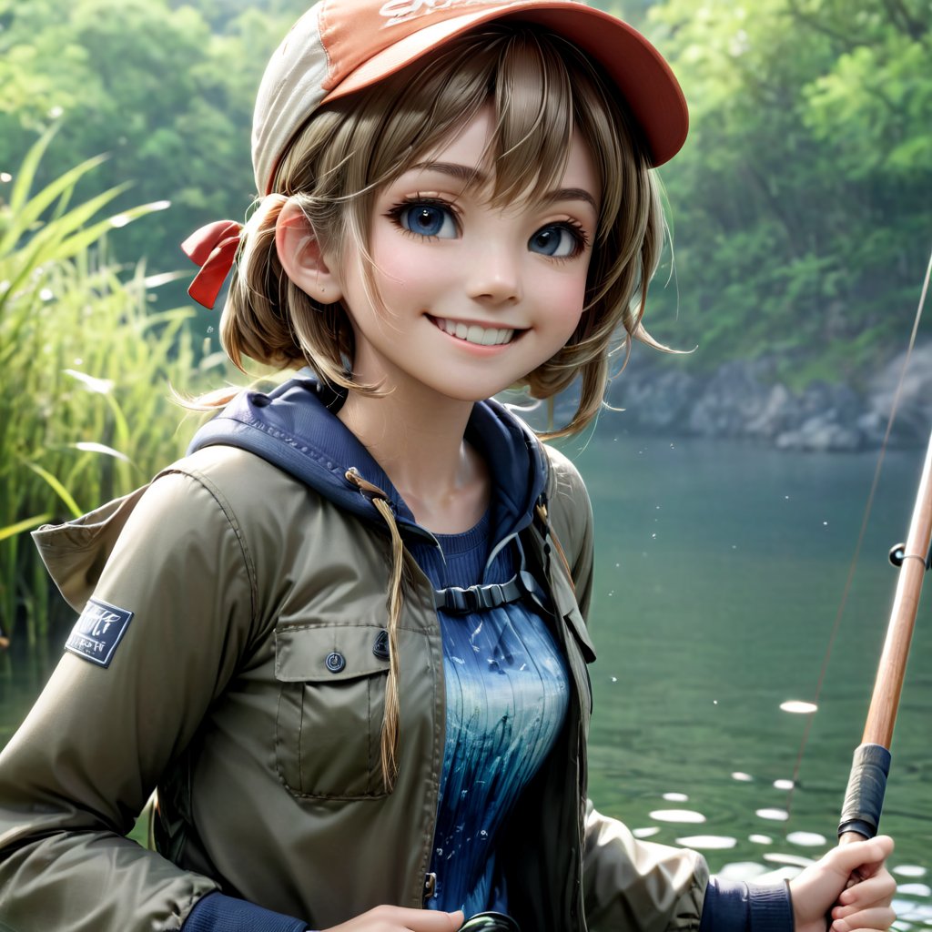 1 girl, (doing fishing), character focus, close to viewer,smile , outdoor clothing, , high resolution,(incredibly absurdres), (hires.fix:1.3),anime visual,extremely detailed CG unity 8k wallpaper, ((masterpiece)), ((top-quality)), (beautiful illustration,background Tento), ((an extremely delicate and beautiful))