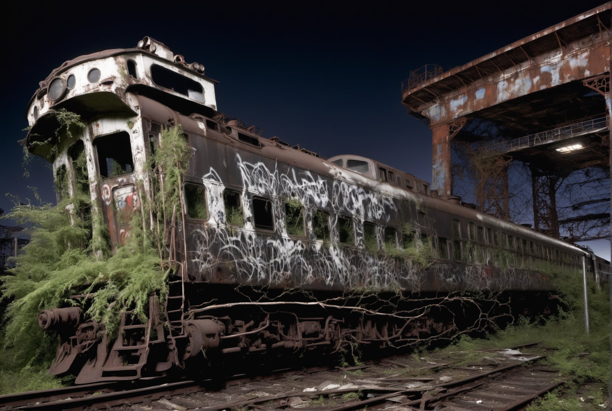 on a post-apocalyptic ghostly train yard, overgrown tracks, rusting graffiti-covered trains, broken control tower., by David LaChapelle,  SZ_4po enviroment