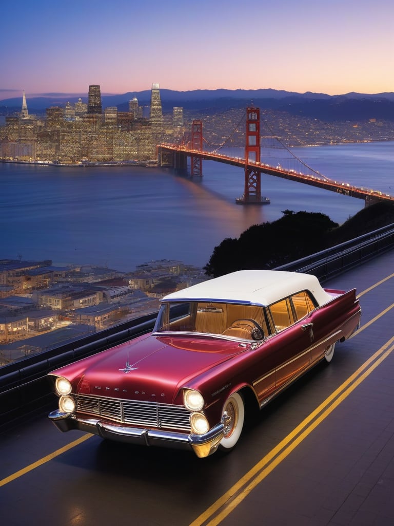 Ford Lincoln,In the foreground, a gleaming, exhibition-quality Ford Lincoln catches the light, its chrome sparkling. Behind it, the iconic San Francisco streets rise steeply, with the unmistakable silhouette of a brightly colored cable car clinging to the tracks high above.