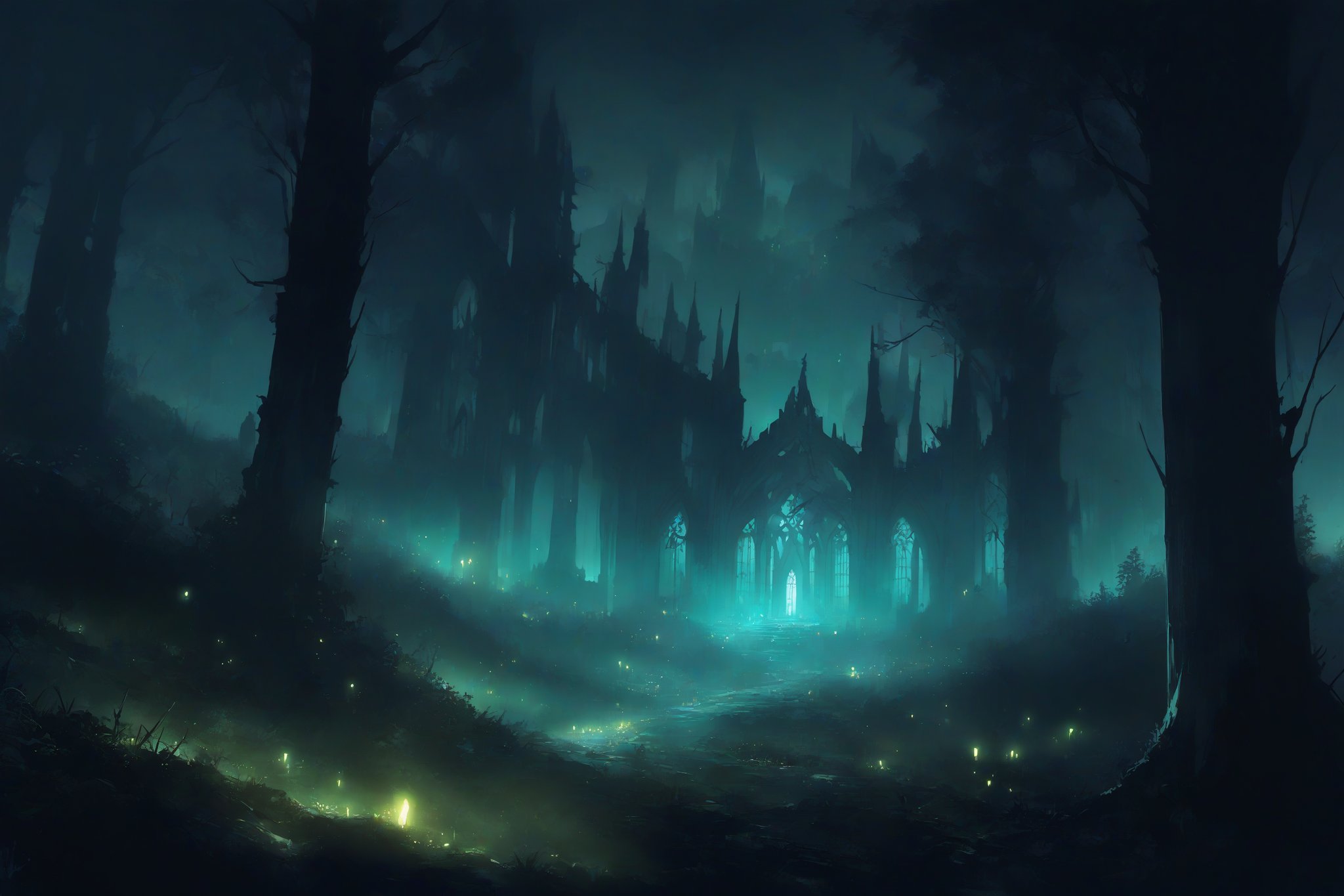 dark forest landscape, gothic horror, distant cathedral ruins, nightscape, night creatures, eerie glow