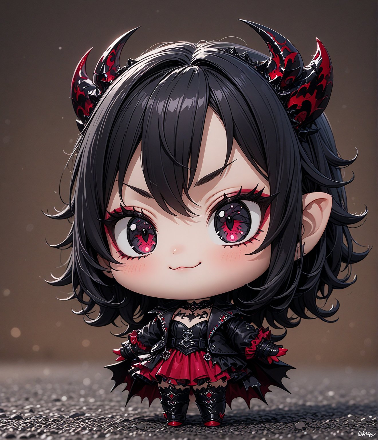 Masterpiece, 4K, ultra detailed, chibi anime style, joyful dark Satan girl with goth makeup, SFW, depth of field, Details,