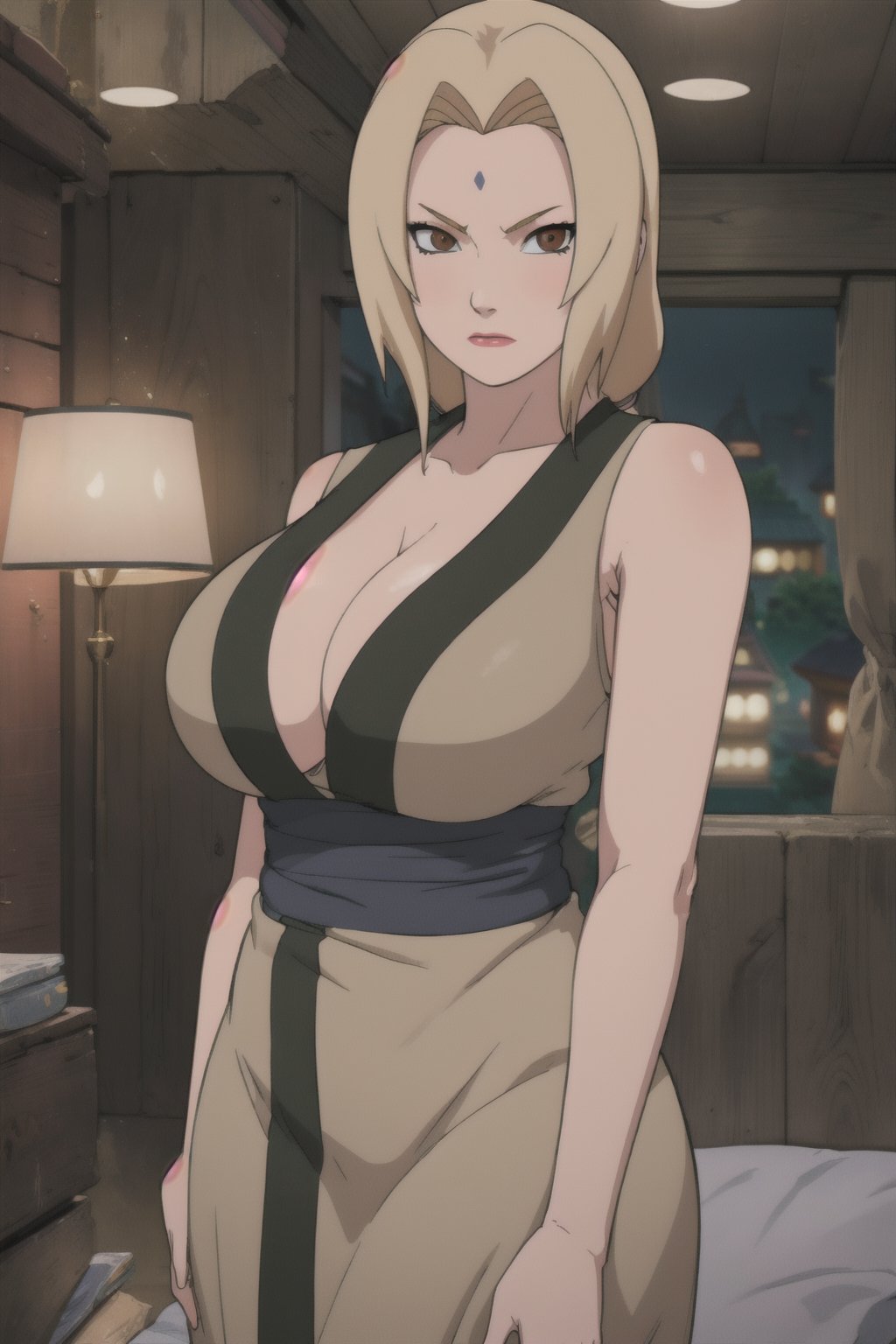 Tsunade, blonde hair, huge breasts, mature female,  ( best quality, beautiful, high quality, highres, aesthetic), detailed, extremely detailed, ambient soft lighting, 4K, perfect lighting, gold dress, revealing dress, ,