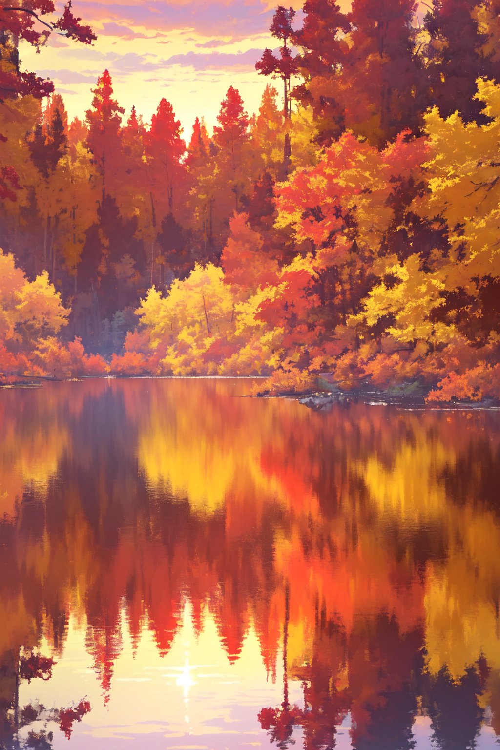 A lake located deep in a remote forest, The surface of the lake is quiet and beautiful, reflecting the red and yellow leaves of the surrounding trees and the bright red sunset, A moving autumn landscape, (masterpiece:1.3), (highest quality, 16k, ultra-detailed)