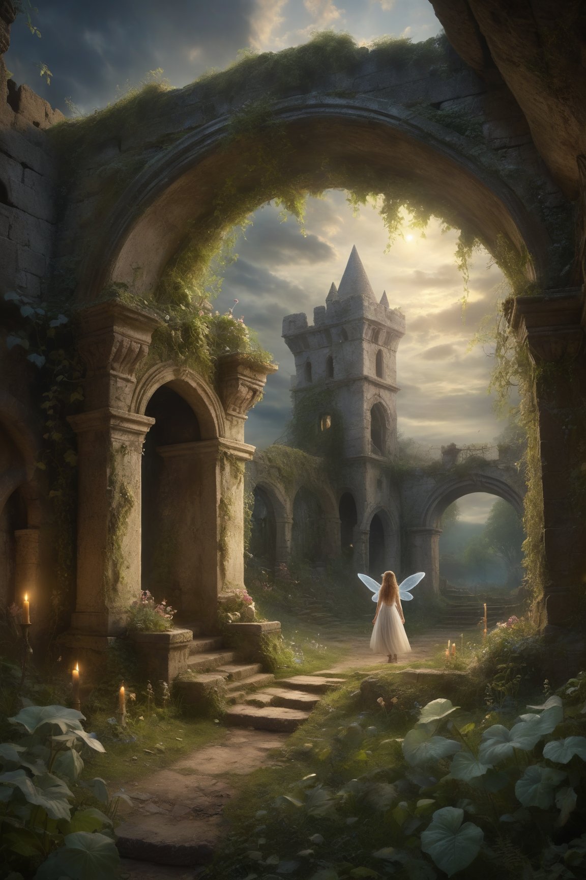 oil painting, Fairies play with the ghosts of the past in an enchanted garden in the ruins of an old castle, a secret tunnel leads to a forgotten crypt, dramatic clouds, gloomy, mysterious, hazy, dusty, mystical, mysterious, gloomy, hazy, dusty, dramatic light, 34K uhd, masterpiece, high detail, 8k, intricate, detailed, high resolution, high res, high quality, , highly detailed, Extremely high-resolution details, fine texture,