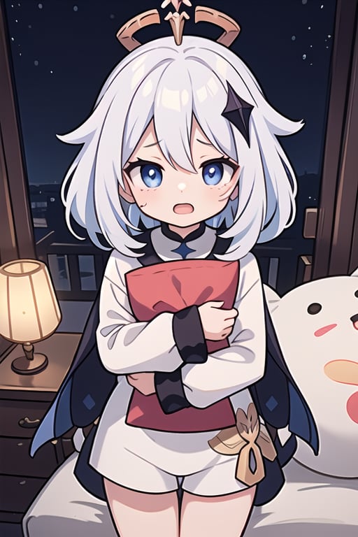 paimon_genshin, childhood,short white hair,blue eyes, open mouth, worried expression, long white shirt, white long sleeves,thighs, hugging white pillow, night room background,too scared to sleep