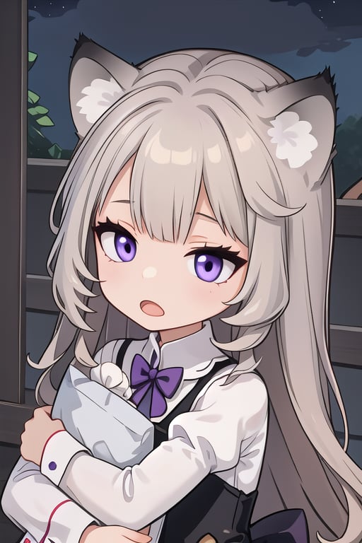 lynette_genshin, childhood,cat ears, cat tail,long gray hair, open violet eyes, open mouth, worried expression, white shirt, white long sleeves, hugging white pillow, night room background,too scared to sleep