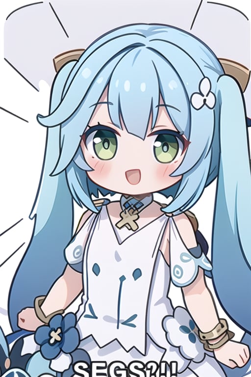 faruzan_genshin,long violet hair,twintails, green eyes, open mouth, smile, blush, white dress, bracelets,segs meme,english text segs?!