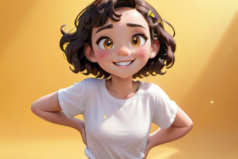 A bright yellow background sets the scene for a joyful Disney-Pixar inspired portrait of a smiling young girl with short, curly brown hair and a simple white shirt. wears white shoes, She wears black hair clips and has a warm, sunny disposition. Her smile stretches from ear to ear as she poses confidently in front of a clean, minimal backdrop. Her bright eyes sparkle with excitement, and her outfit is completed by a pair of crisp white shoes.