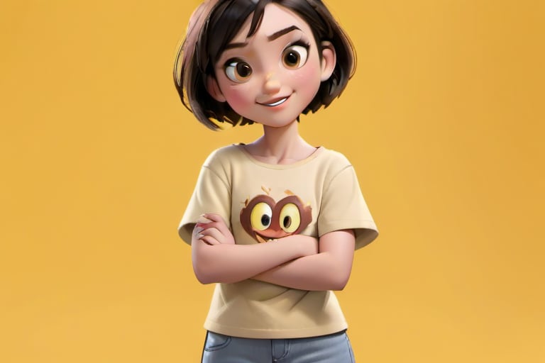 short hair, smile mouth, kids girl, simple background, brown hair, shirt, black hair, yellow background, full body, portrait, disney pixar style