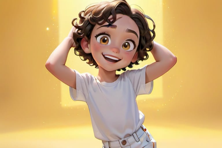 A bright yellow background sets the scene for a joyful Disney-Pixar inspired portrait of a smiling little boy with short, curly brown hair and a simple white shirt. He wears white shoes, He wears black hair clips and has a warm, sunny disposition. Her smile stretches from ear to ear as him poses confidently in front of a clean, minimal backdrop. Her bright eyes sparkle with excitement, full length portrait, full body