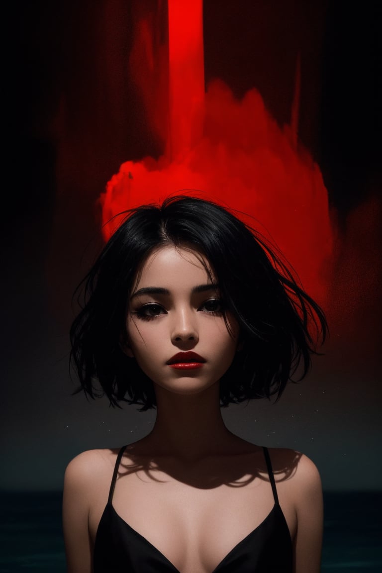 A captivating, minimalist cinematic art piece that features a mesmerizing female figure. The woman's dark silhouette is accentuated by her bold, red lips, which starkly contrast against the deep, dark background. The image exudes a surreal and dreamy atmosphere, with an abstract touch that enhances its mysterious allure. The overall composition is striking, creating a sense of depth and dimension that draws the viewer into the scene., cinematic,photorealistic,poakl