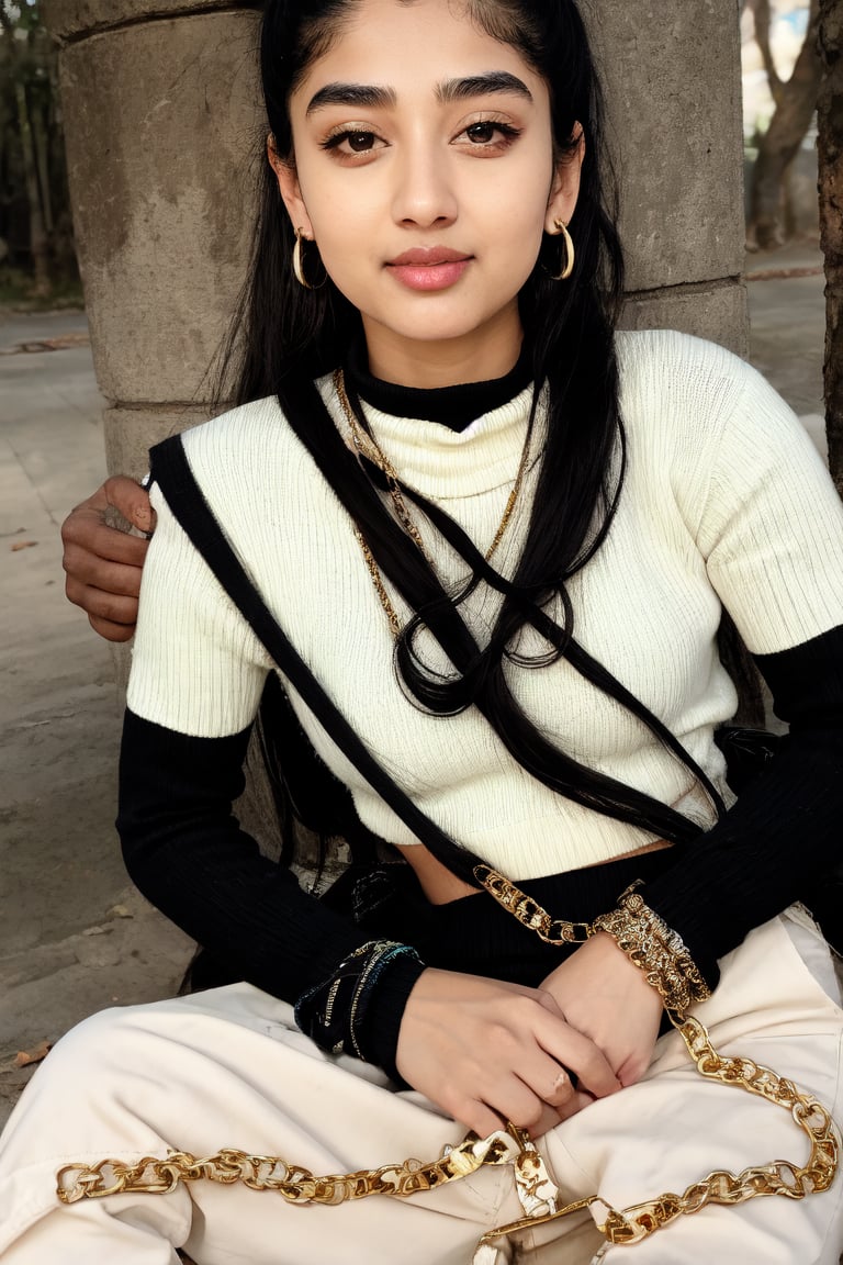 Mallu, 1girl, 18yo, solo, twin tail ponytail, two bun , long hair, looking at viewer, black hair, jewelry, turtle neck sweater, yellow, short trouser, morden dress, upper body, navel, , earrings, eye glasses, black eyes, lips, hoop earrings, realistic,mallu,  