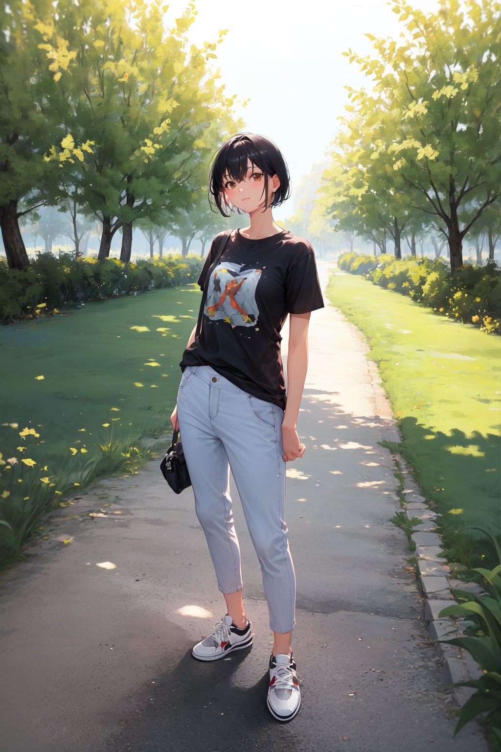 (masterpiece), best quality, 1girl, solo, black hair, short hair, brown eyes, BREAK shirt, short sleeve, BREAK skinny pants, sneakers, standing, outdoor, grass, trees, [fisheye lens::3]