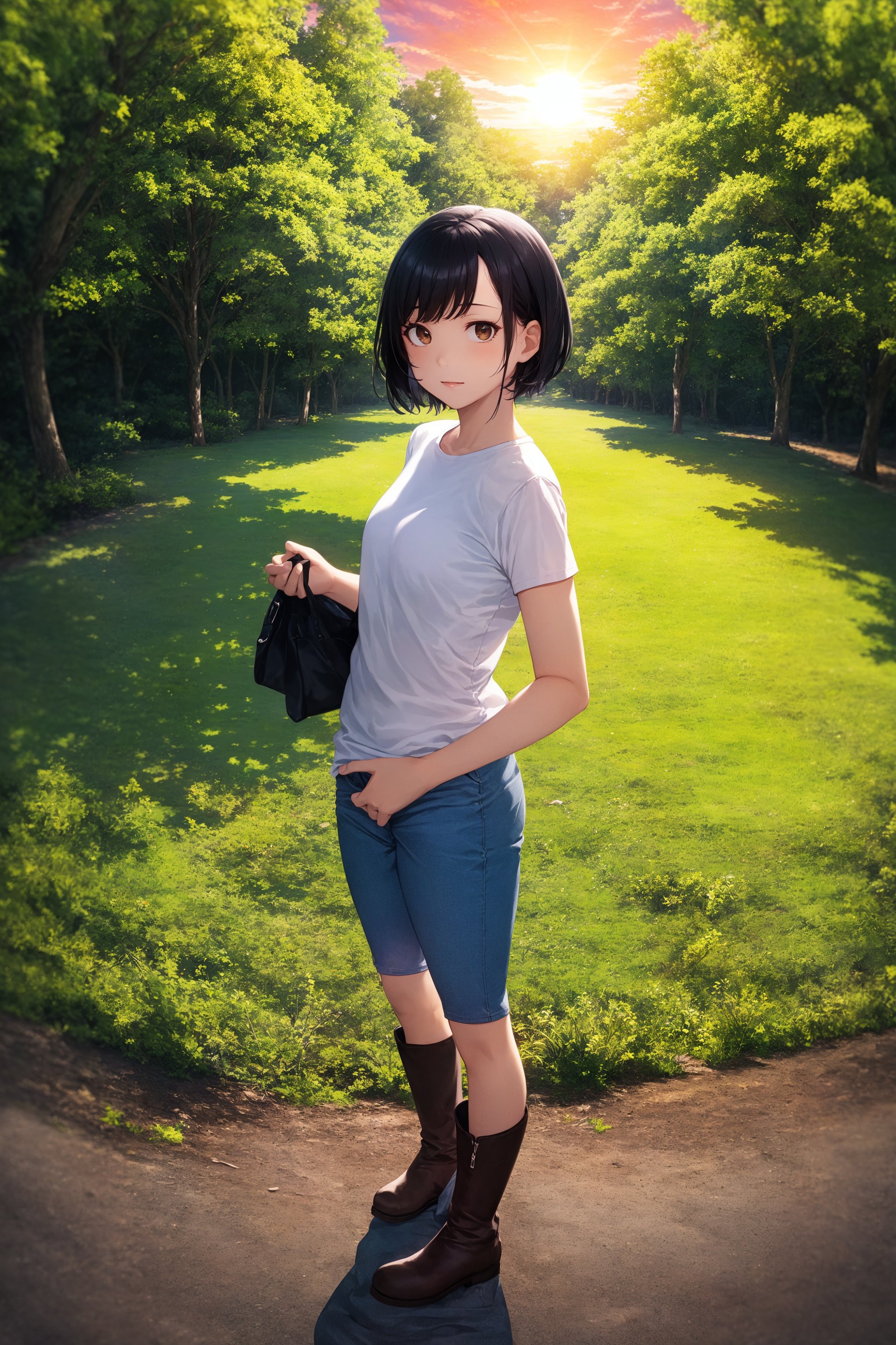 (masterpiece), best quality, 1girl, solo, black hair, short hair, brown eyes, shirt, short sleeve, blue pants, boots, standing, outdoor, grass, trees, sunset, sun, fisheye lens