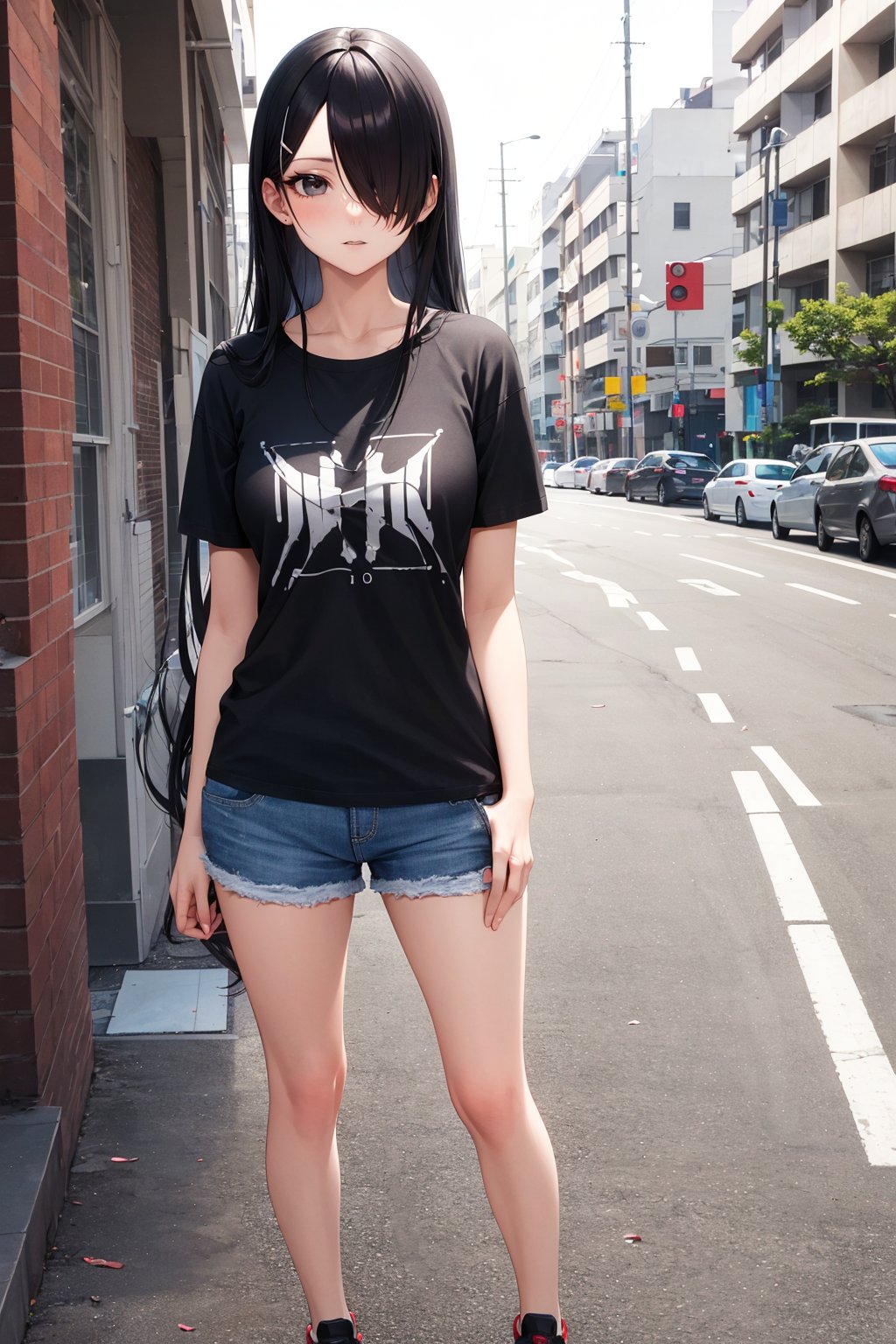 (masterpiece), best quality, highly detailed, 1girl, mature female, black hair, long hair, straight hair, hair over one eye, black eyes, shirt, short sleeve, shorts, sneakers, standing, outside, [fisheye lens:: 1]