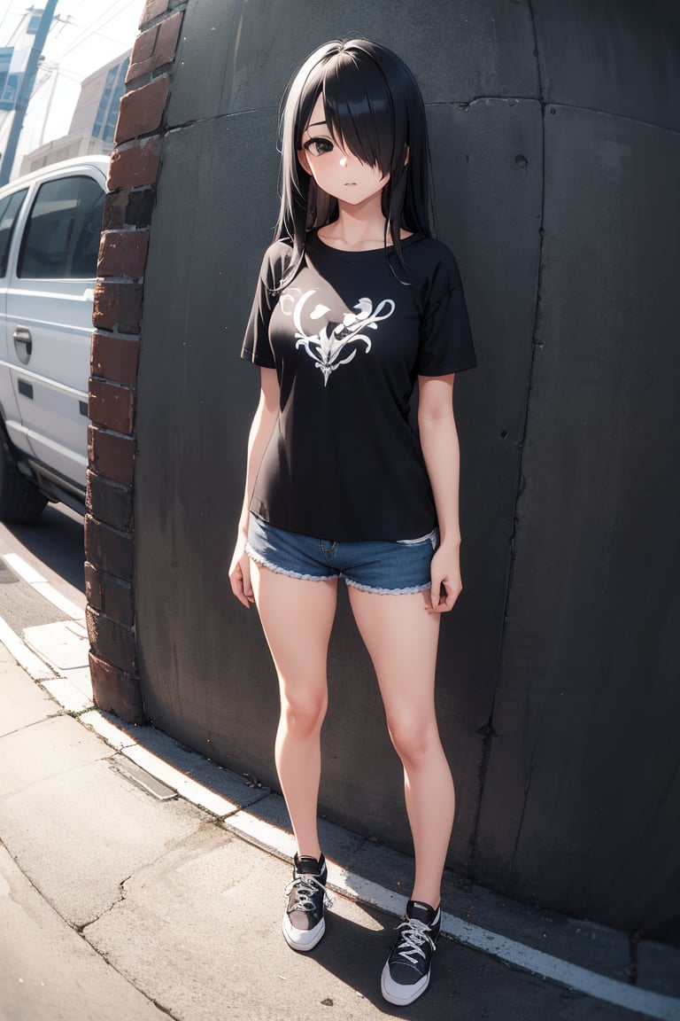 (masterpiece), best quality, highly detailed, 1girl, mature female, black hair, long hair, straight hair, hair over one eye, black eyes, shirt, short sleeve, shorts, sneakers, standing, outside, [fisheye lens:: 1]