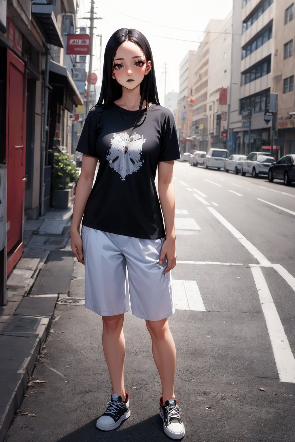 (masterpiece), best quality, highly detailed, 1girl, mature female, black hair, long hair, straight hair, forehead, black eyes, shirt, short sleeve, pants, sneakers, standing, outside, [fisheye lens:: 1]